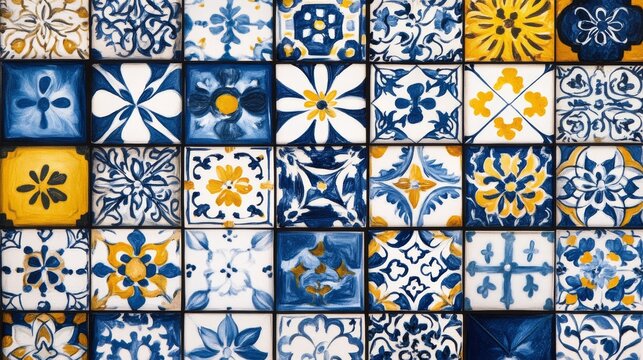 Hand-drawn azulejo patchwork featuring mixed tiles in blue, cobalt, gold, and white, inspired by Iberian ceramic tradition