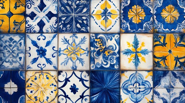 Hand-drawn azulejo patchwork featuring mixed tiles in blue, cobalt, gold, and white, inspired by Iberian ceramic tradition