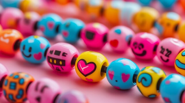 Assortment of retro 90s-inspired plastic bead bracelets with love messages, emojis, and bold graphic elements in cartoon illustration style