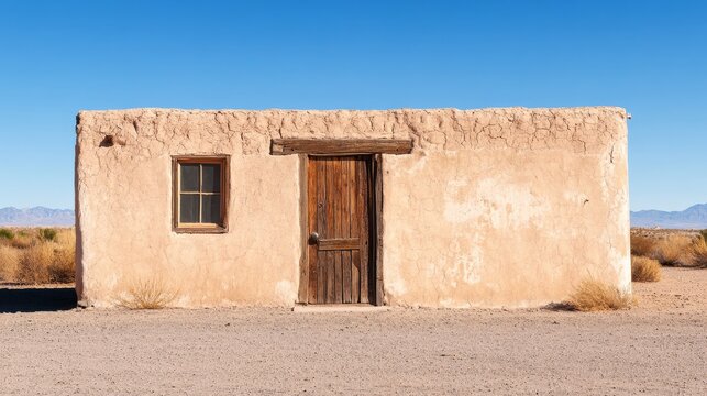 Desert-style adobe house with rough-textured walls and wooden door, isolated in arid landscape under cloudless sky