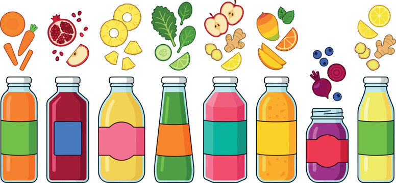 Fresh Cold Pressed Juice and Smoothie Bottle Vector Set with Flying Fruit and Vegetable Ingredients Carrot Pomegranate Pineapple Spinach Green Apple Ginger Mango Beetroot and Lemon