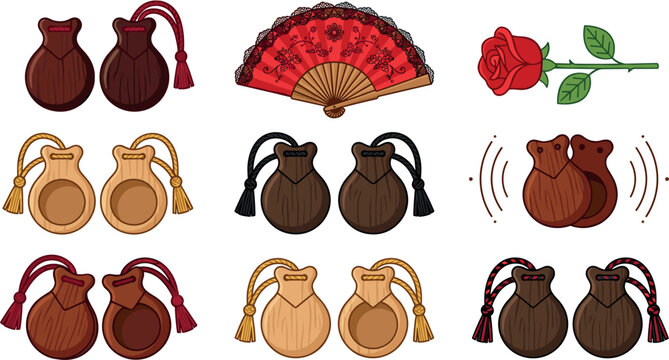 Traditional Flamenco Castanets Vector Element Set Featuring Wooden Percussion Instruments with Tassels Ornate Red Folding Fan and Single Rose