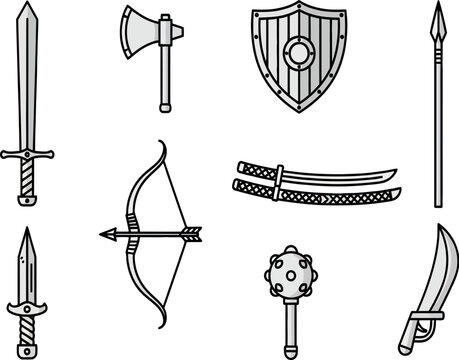 Medieval weapon vector set, ancient battle equipment icons, historical steel swords and shields collection, fantasy gaming combat assets