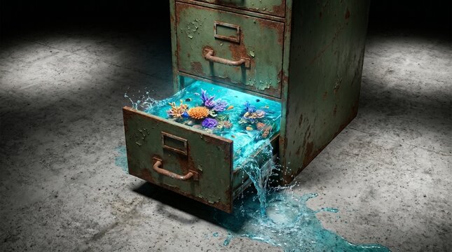Open vintage metal filing cabinet drawer spilling a vibrant tropical coral reef and water, surreal concept.