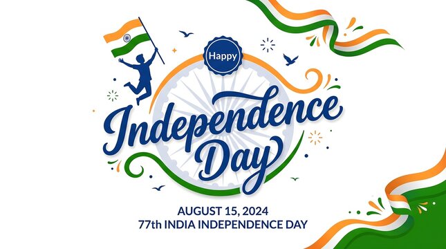 Happy 77th India Independence Day banner featuring elegant typography, a jumping person silhouette holding the tricolor flag, flying birds, and Ashoka Chakra details for August 15, 2024.