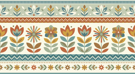 Retro 70s floral seamless pattern vector, vintage folk art botanical illustration with stylized flowers and geometric stripe background in warm earthy tones.eps © KPS Creative Studio