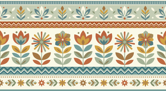 Retro 70s floral seamless pattern vector, vintage folk art botanical illustration with stylized flowers and geometric stripe background in warm earthy tones.eps