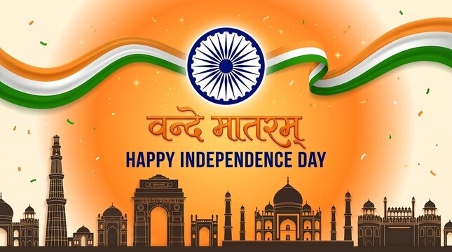Happy India Independence Day banner featuring the "Vande Mataram" Hindi text, prominent Ashoka Chakra wheel, a flowing tricolor ribbon, and famous national monuments silhouette.
