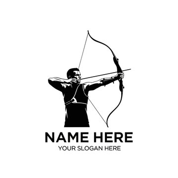 Archer aiming with recurve bow in silhouette logo design