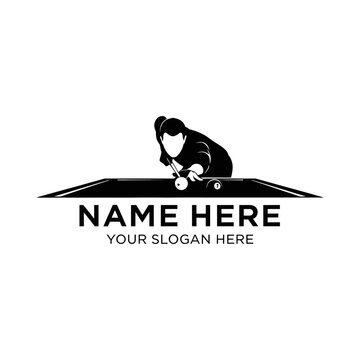 Professional billiards player aiming at a pool table logo
