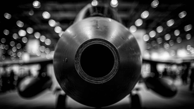 Close-up of Aeroplane Tailcone Exhaust Port with Bokeh Lights in Monochrome