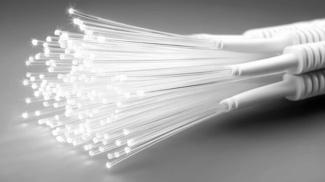 Close-up view of a white fiber optic cable splitter bundle with illuminated strands for high-speed data transmission