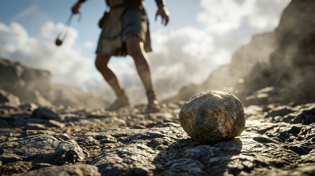 Biblical battle concept showing a stone in focus with David blurred in the background