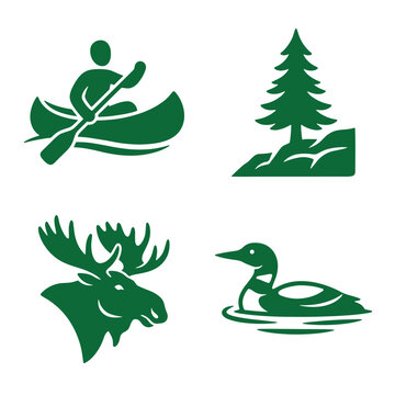 Collection of green silhouette icons for outdoor activities and wildlife a canoeist pine tree moose loon with white background wilderness adventure aquatic bird forest animals water sports