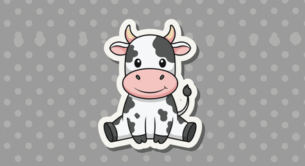 Fototapeta premium Adorable cartoon cow character sitting calmly on a gray background with white polka dots in a simple sticker style.