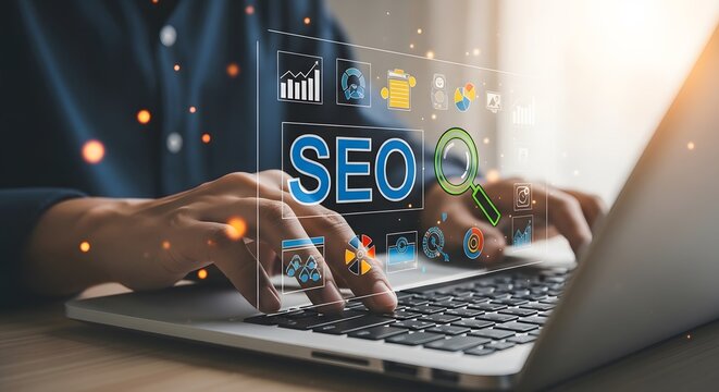 Seo optimization concept with hands typing on laptop and digital icons