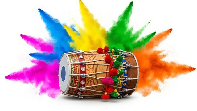 Colorful tabla drum with vibrant powder explosion behind it on white background