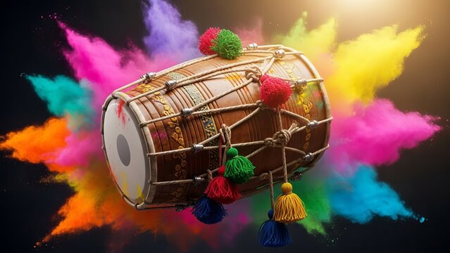 Vibrant indian dhol drum with colorful tassels and holi powder explosion