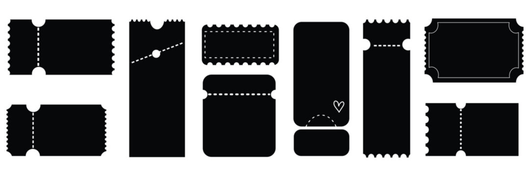 Set of black ticket stubs with perforated lines and various shapes vector illustration