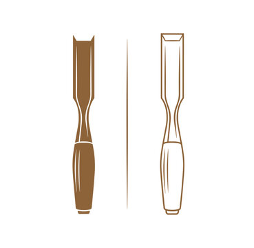 chisel tool with wooden handle and metal blade for carving and cutting isolated on white background