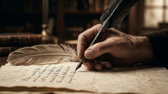 An ancient philosopher writing manuscript with a quill on a wooden desk.