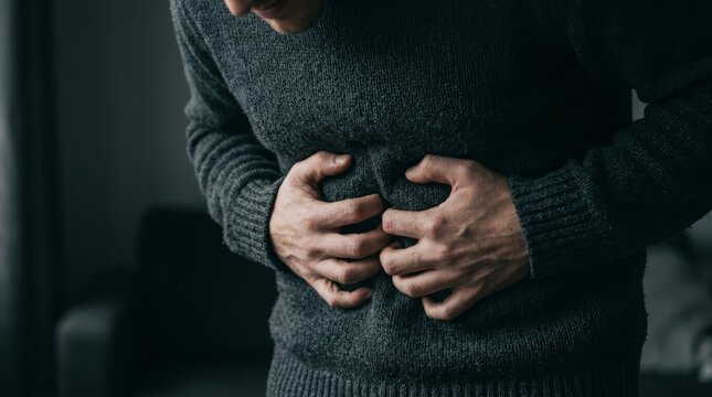 Close up of a person holding their stomach indicating intestinal blockage or pain.