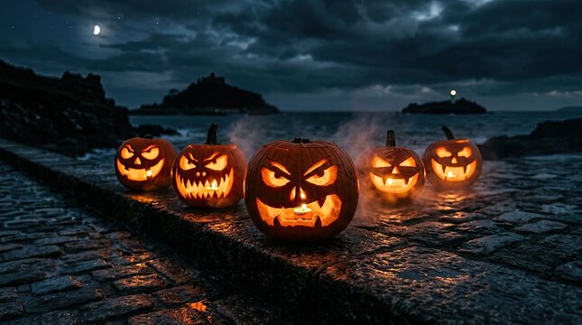 Eerie carved halloween pumpkins with glowing faces and flickering candles sit menacingly on a stone path by the dark sea under a cloudy night sky with a crescent moon creating a spooky atmosphere