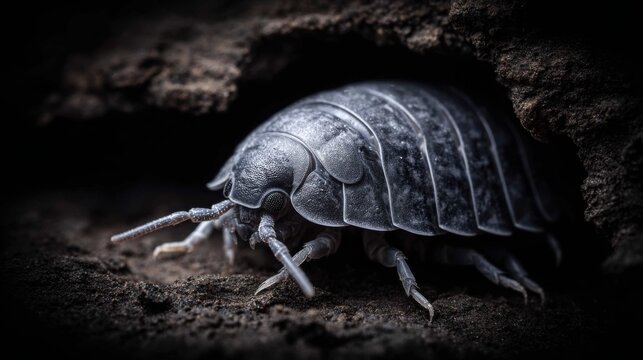 A gray woodlouse with segmented carapace unfurls from a dark, damp soil habitat, revealing intricate details of its exoskeleton and antennae.