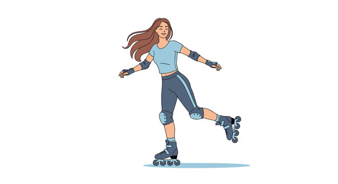 Active young woman roller skating while wearing protective gear like knee pads and elbow pads in a vector style.
