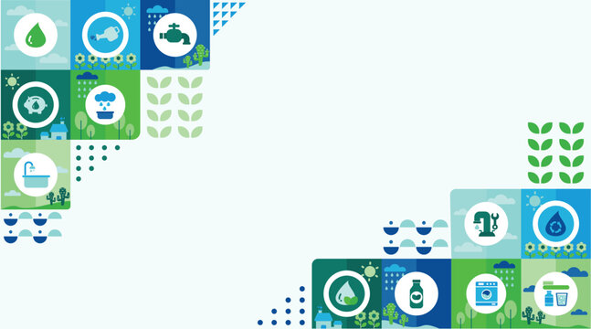 concept of water saving tips icon infographic. Save water, save earth and go green, environment protection campaign concept. on the blue background.
