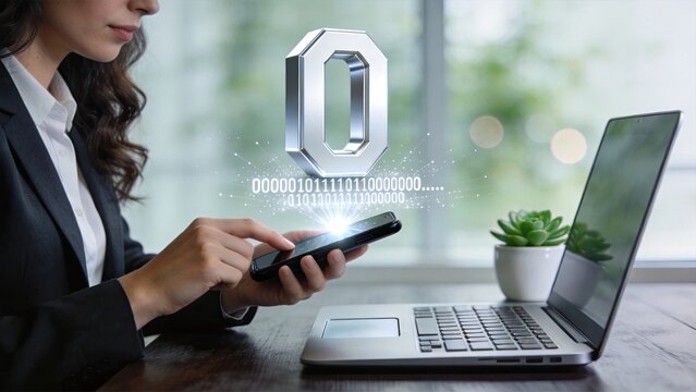 Woman using smartphone with binary code and zero number hologram, digital data concept, coding, programming, software development, IT technology, cyber security, encryption,