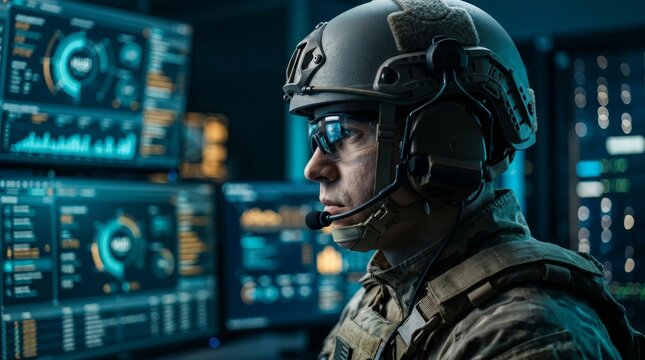 Defense infrastructure management by army specialists using glowing server racks and AI technology.