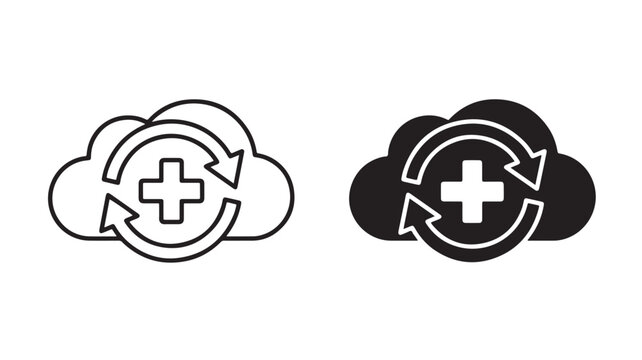 Cloud icon with cross and arrows on white and black backgrounds for medical and technology concepts