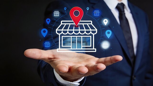 Local business store location map marketing concept with businessman hand holding shop building icon surrounded by GPS pins navigation points for retail franchise branch network