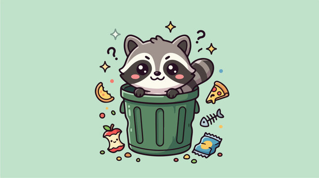 Raccoon in green trash can.