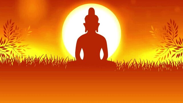 Buddha statue silhouette appearing from a big glowing sun in a field at sunset.