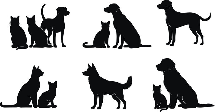 Dog and cat silhouettes in pairs, vector illustration for pets, animal comparison, companionship, design, and creative projects