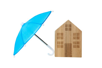 Naklejka premium Blue umbrella near a wooden house symbolizes insurance, isolated, PNG