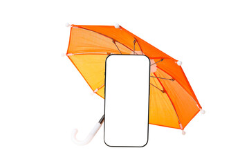 Naklejka premium Umbrella covers smartphone to protect from rain, isolated, PNG