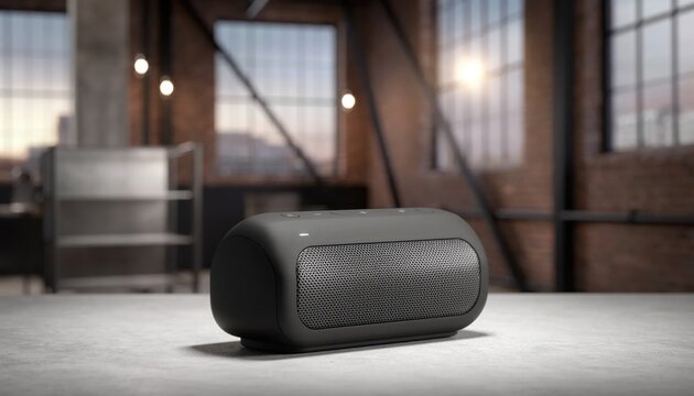 Portable black wireless speaker with metallic mesh grille and control buttons, resting on a flat stone surface within a modern industrial loft setting with soft bokeh background.