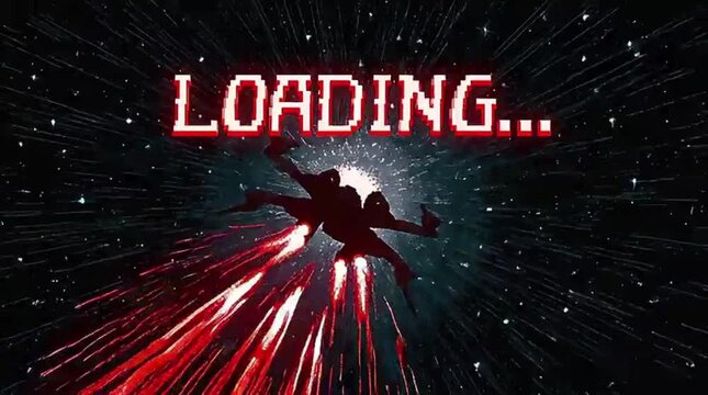 Spaceship traveling through hyperspace with loading text animation in a retro pixel art style motion graphic