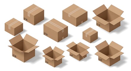 Fototapeta premium Brown Cardboard Boxes in Various Sizes and Open State