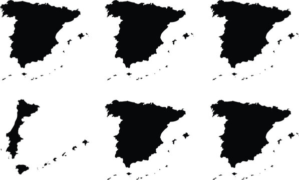 Black silhouette illustration of Iberian Peninsula maps showing Spain and Portugal outlines with surrounding islands arranged in comparative grid format