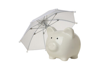 Naklejka premium Umbrella over piggy bank symbolizes savings safety, isolated, PNG