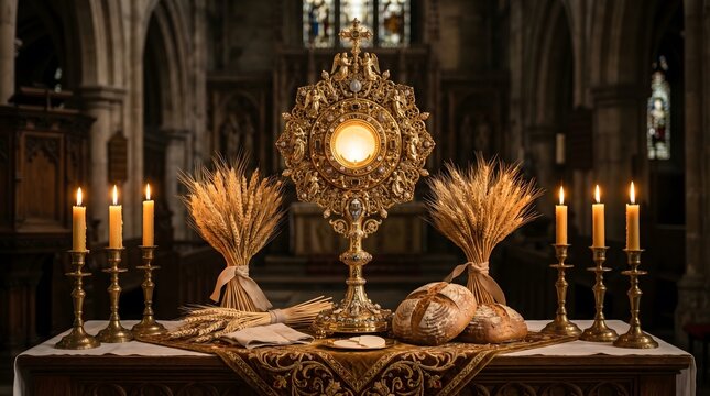 Corpus christi celebration with monstrance bread and wheat on church altar