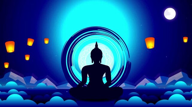 Buddha statue silhouette meditating under a large glowing moon with sky lanterns floating.