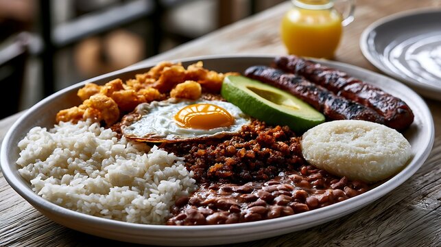 bandeja paisa on handmade oval white ceramic platter, positioned in the lower left third on a light rustic wood table. Loose white rice