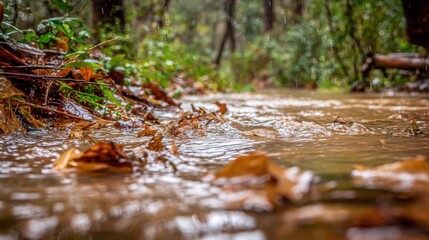 Fototapeta premium Autumn Leaves Flowing Down a Forest Stream During Rainfall