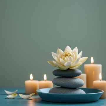 Pale sage green wall background behind a lotus flower on stacked stones and burning candles for wellness spa branding, holistic therapy and meditation room decor