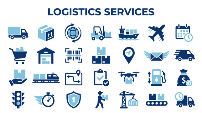 Logistics services icons set representing shipping delivery transportation and supply chain management with trucks planes trains and cargo symbols on blue background